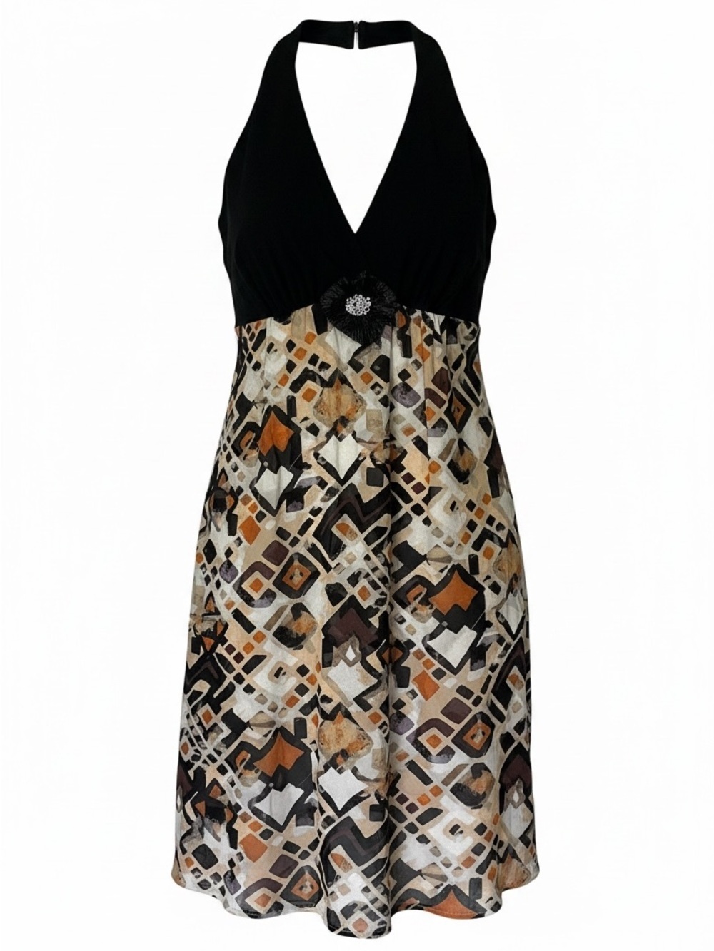Kay Unger Silk Halter Dress Geometric Print Brown Black 4 Retro Y2K